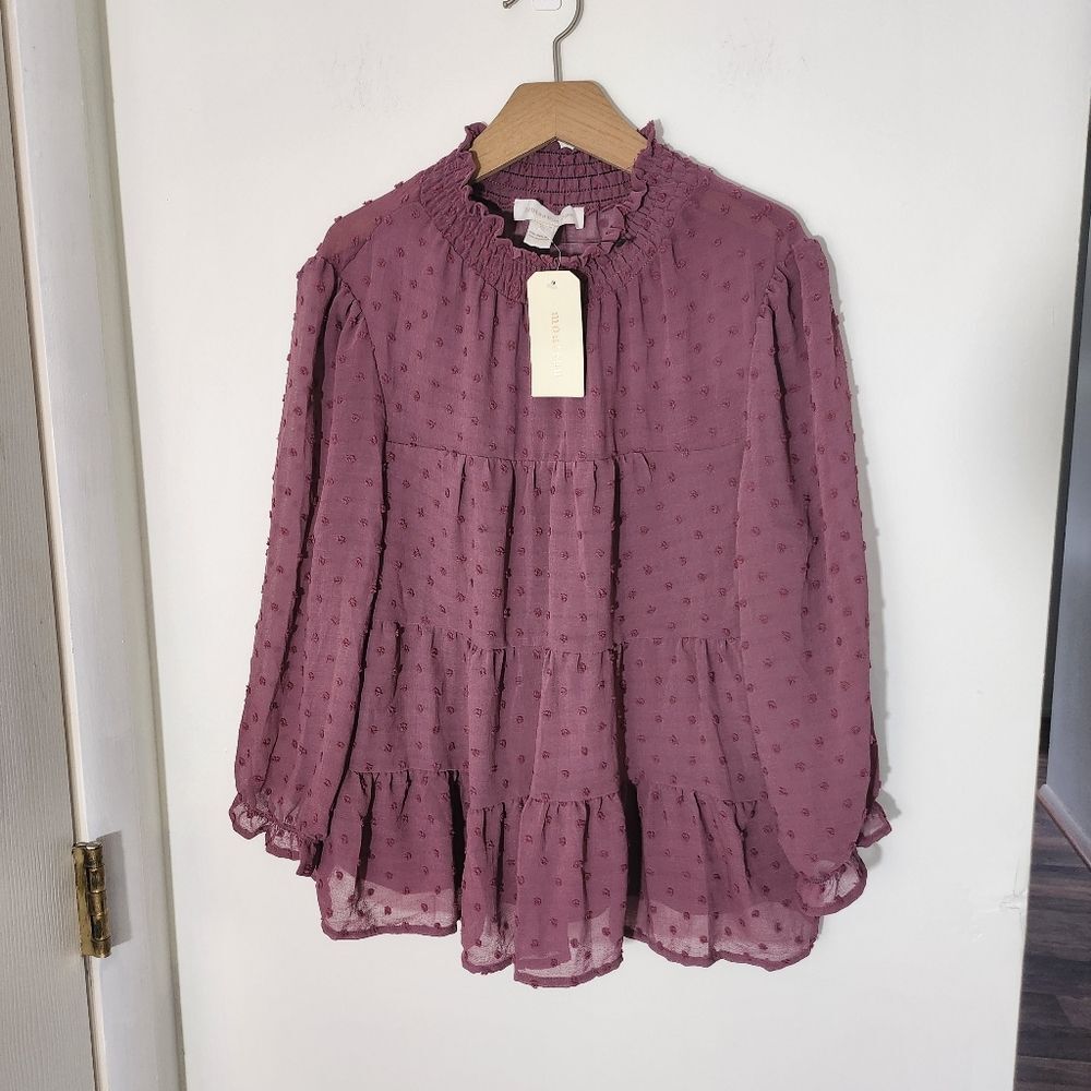 New Monteau Maroon blouse women swiss dot long sleeve
